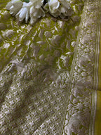 Green Banarasi Silk Shikargah Design Dupatta - Luxurion World- Crafted Heirlooms