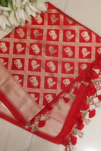 Red Banarasi Silk Elephant And Peacock Design Dupatta - Luxurion World- Crafted Heirlooms