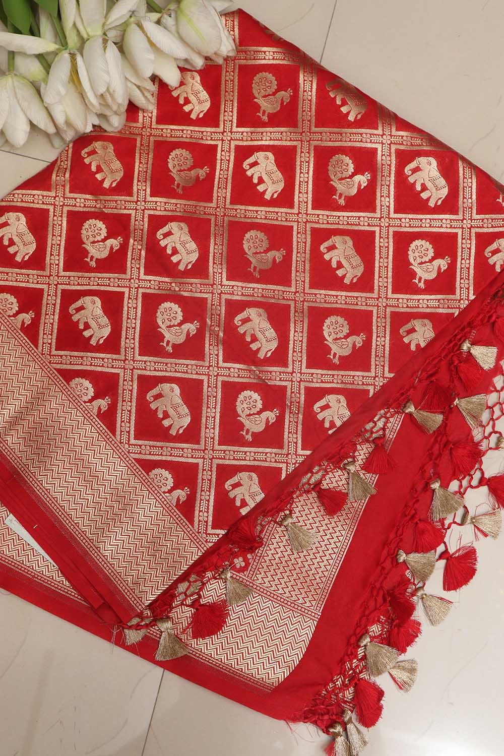 Red Banarasi Silk Elephant And Peacock Design Dupatta - Luxurion World- Crafted Heirlooms