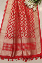 Red Banarasi Silk Elephant And Peacock Design Dupatta - Luxurion World- Crafted Heirlooms