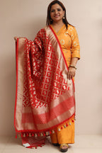 Red Banarasi Silk Elephant And Peacock Design Dupatta - Luxurion World- Crafted Heirlooms