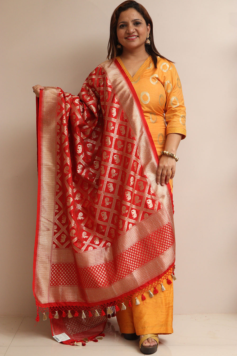 Red Banarasi Silk Elephant And Peacock Design Dupatta - Luxurion World- Crafted Heirlooms