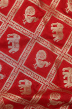 Red Banarasi Silk Elephant And Peacock Design Dupatta - Luxurion World- Crafted Heirlooms
