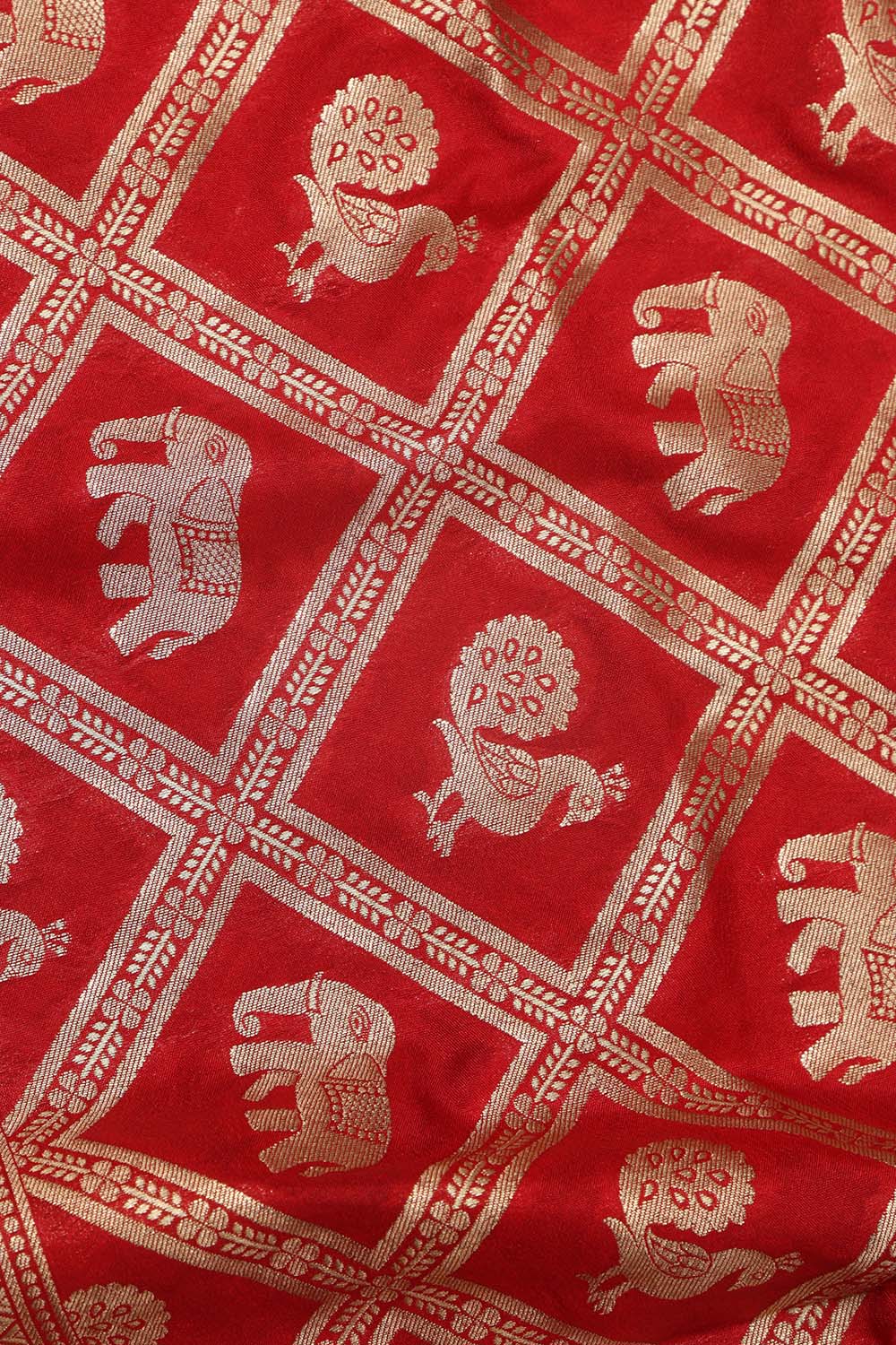 Red Banarasi Silk Elephant And Peacock Design Dupatta - Luxurion World- Crafted Heirlooms
