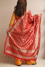 Red Banarasi Silk Elephant And Peacock Design Dupatta - Luxurion World- Crafted Heirlooms