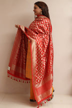 Red Banarasi Silk Elephant And Peacock Design Dupatta - Luxurion World- Crafted Heirlooms