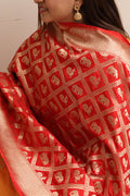 Red Banarasi Silk Elephant And Peacock Design Dupatta - Luxurion World- Crafted Heirlooms