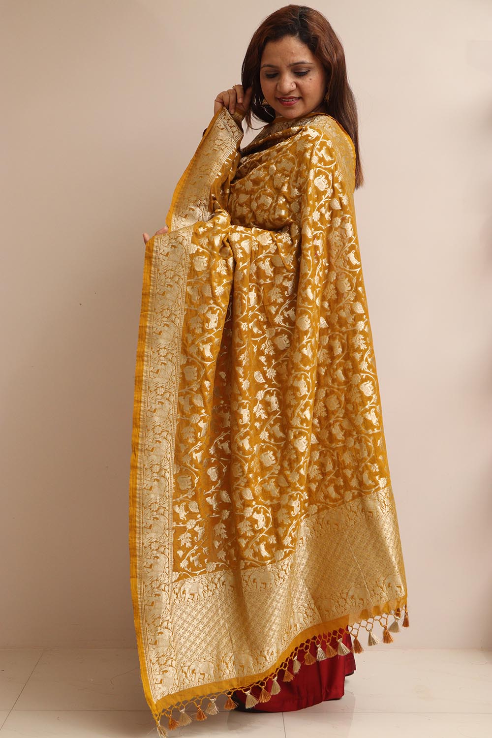 Mustard Yellow Banarasi Silk Shikargah Design Dupatta - Luxurion World