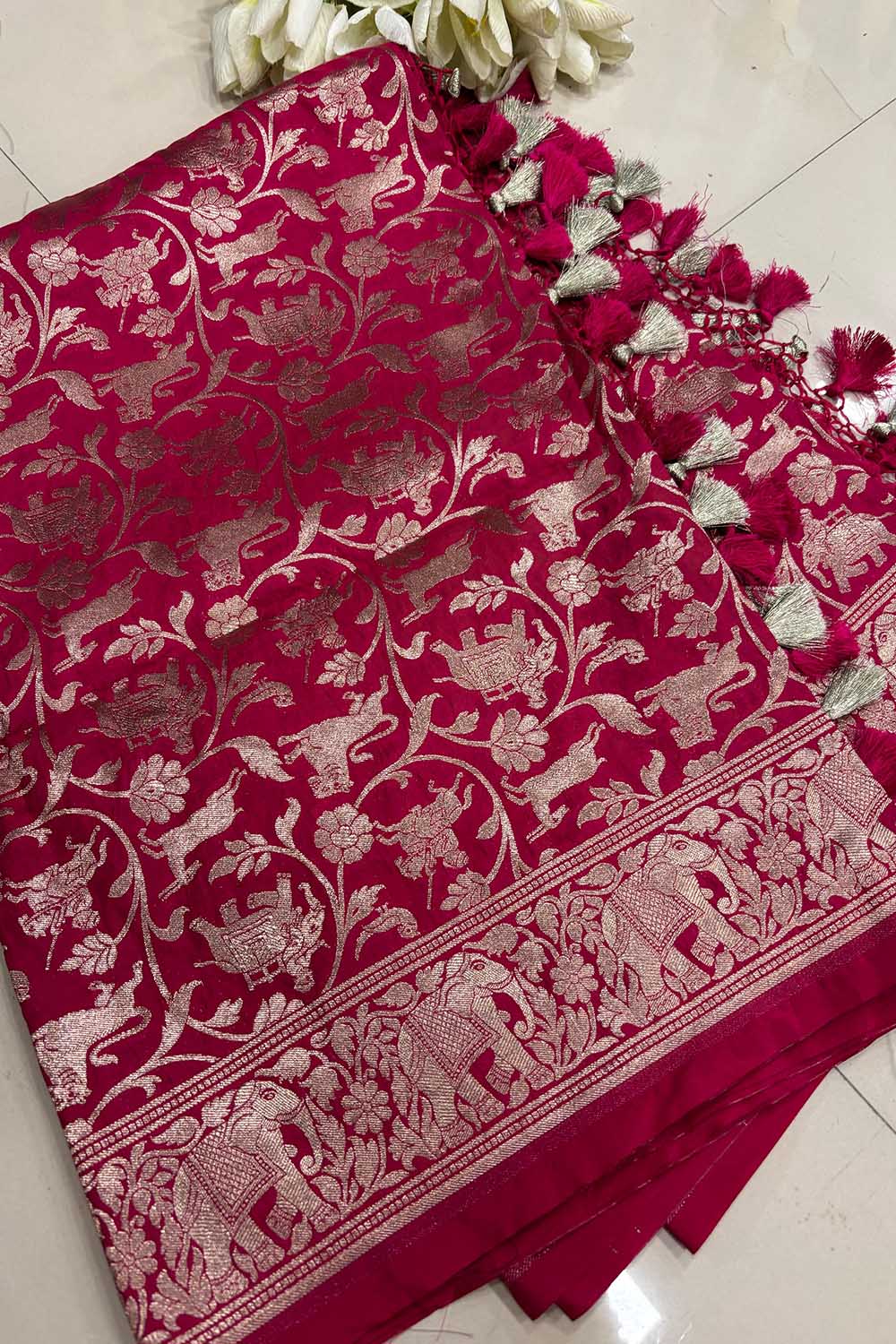 Pink Banarasi Silk Shikargah Design Dupatta - Luxurion World