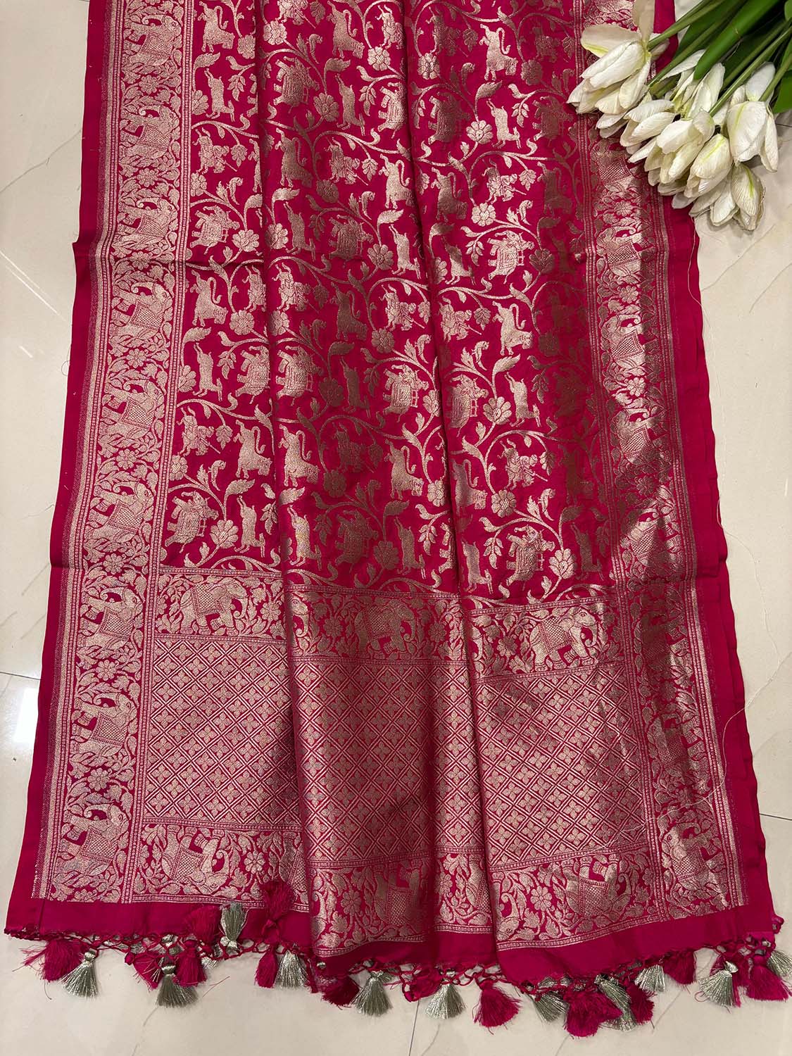 Pink Banarasi Silk Shikargah Design Dupatta - Luxurion World