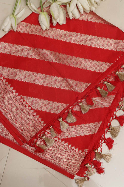 Red Banarasi Silk Stripe Design Dupatta - Luxurion World