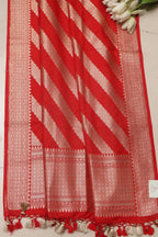 Red Banarasi Silk Stripe Design Dupatta - Luxurion World- Crafted Heirlooms