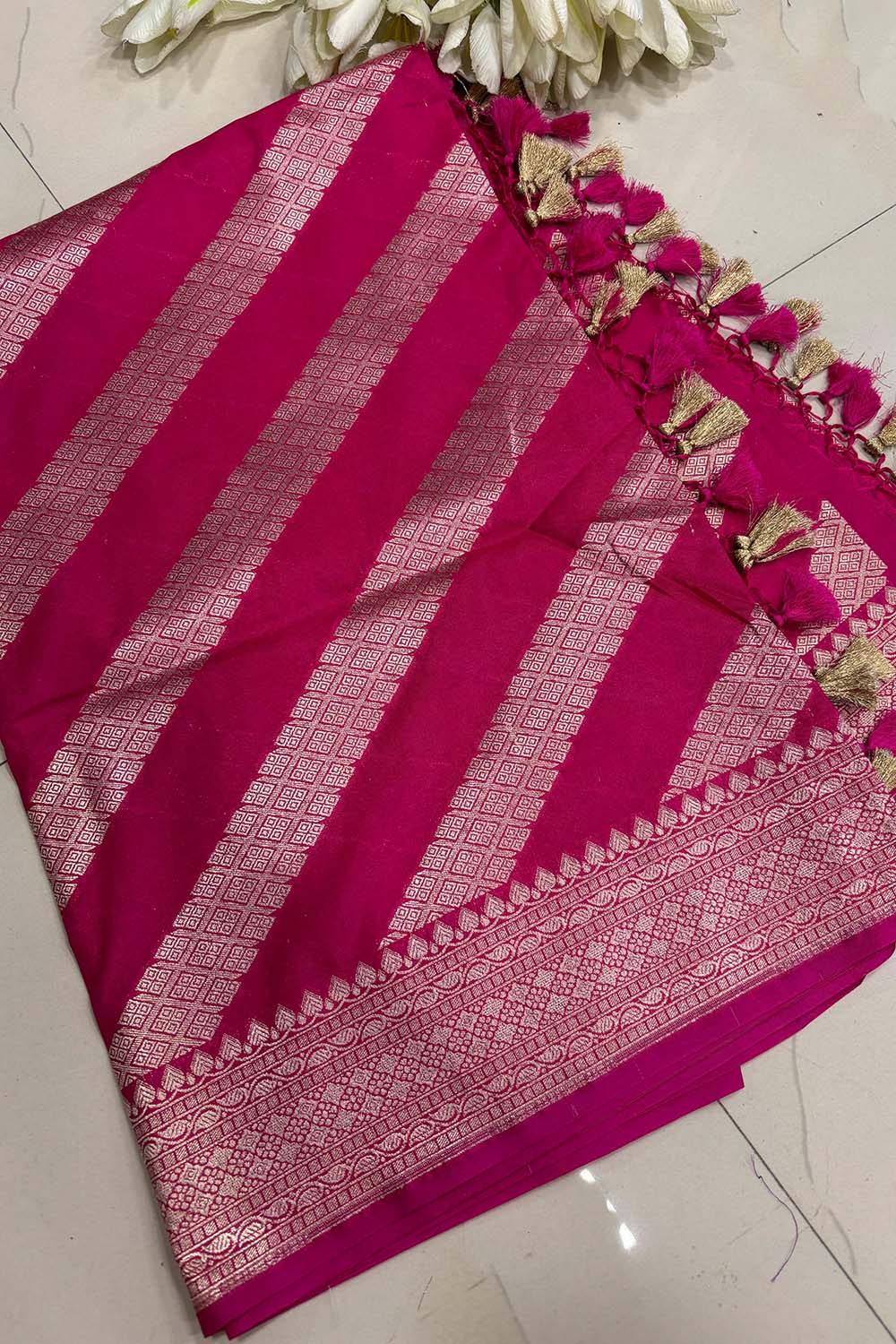 Pink Banarasi Silk Stripe Design Dupatta - Luxurion World