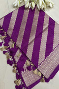 Purple Banarasi Silk Stripe Design Dupatta - Luxurion World- Crafted Heirlooms
