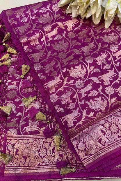 Purple Banarasi Silk Shikargah Design Dupatta - Luxurion World