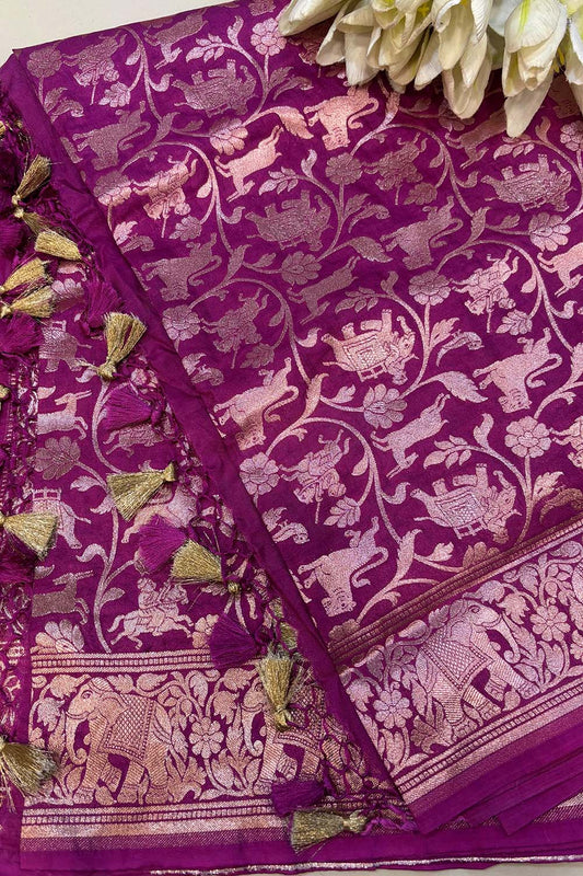 Purple Banarasi Silk Shikargah Design Dupatta - Luxurion World