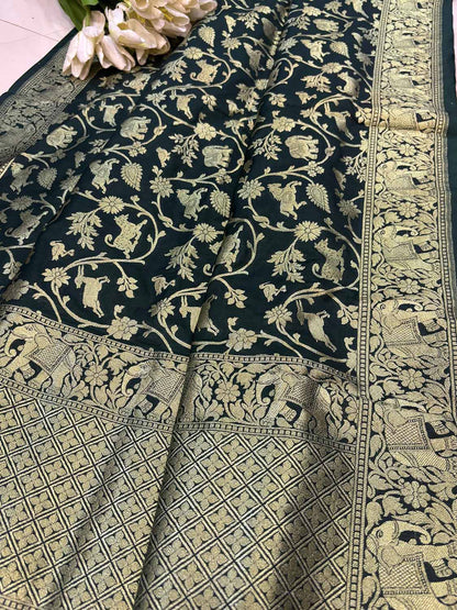 Green Banarasi Silk Shikargah Design Dupatta - Luxurion World