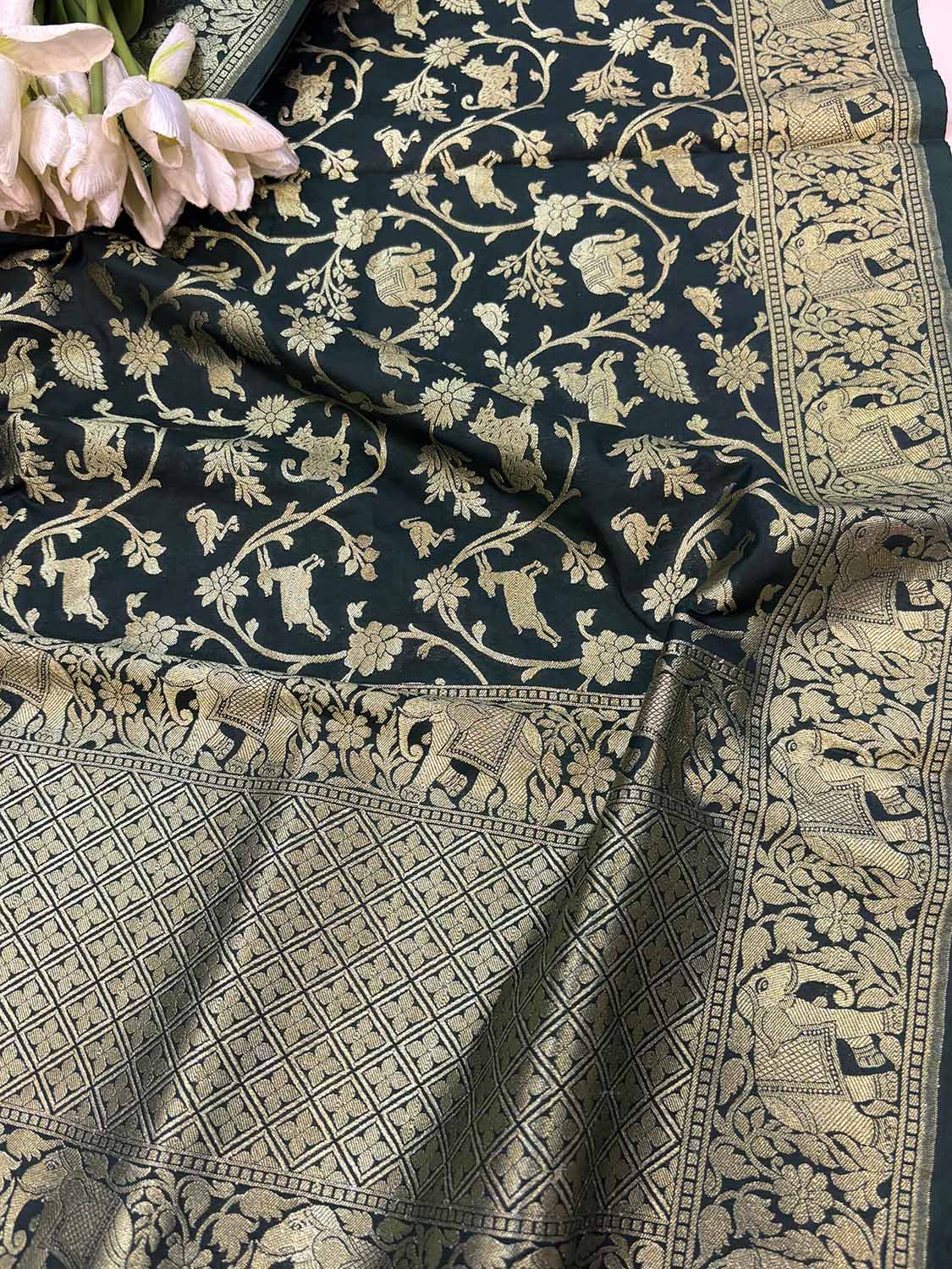 Green Banarasi Silk Shikargah Design Dupatta - Luxurion World