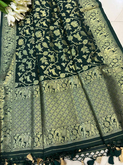 Green Banarasi Silk Shikargah Design Dupatta - Luxurion World