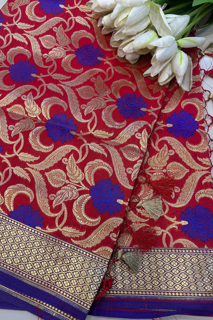 Red Banarasi Silk Dupatta - Luxurion World