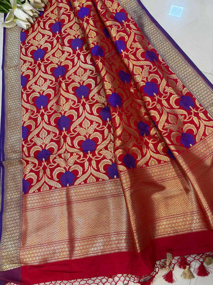 Red Banarasi Silk Dupatta - Luxurion World
