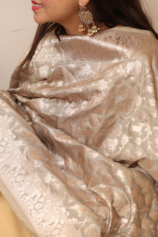 Elegant Grey Banarasi Silk Dupatta with Shikargah Design - Luxurion World