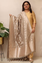 Elegant Grey Banarasi Silk Dupatta with Shikargah Design - Luxurion World- Crafted Heirlooms