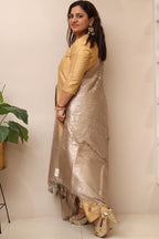 Elegant Grey Banarasi Silk Dupatta with Shikargah Design - Luxurion World- Crafted Heirlooms