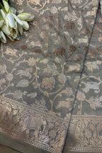 Elegant Grey Banarasi Silk Dupatta with Shikargah Design - Luxurion World- Crafted Heirlooms