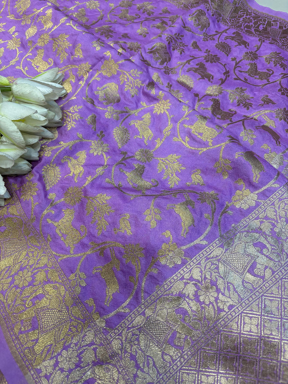 Elegant Purple Banarasi Silk Dupatta with Shikargah Design - Luxurion World