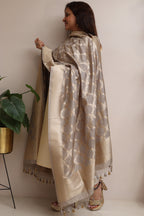 Elegant Grey Banarasi Silk Dupatta - Luxurion World- Crafted Heirlooms