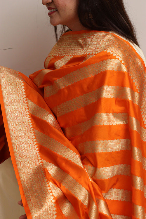 Elegant Orange Banarasi Silk Stripe Design Dupatta - Luxurion World- Crafted Heirlooms