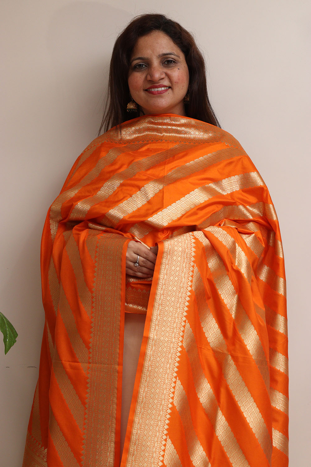 Elegant Orange Banarasi Silk Stripe Design Dupatta - Luxurion World- Crafted Heirlooms