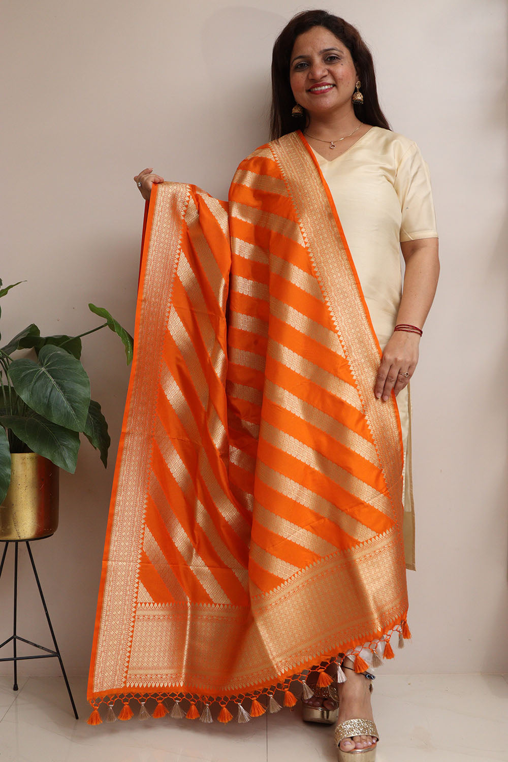 Elegant Orange Banarasi Silk Stripe Design Dupatta - Luxurion World