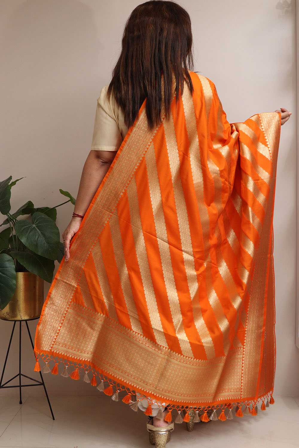 Elegant Orange Banarasi Silk Stripe Design Dupatta - Luxurion World- Crafted Heirlooms