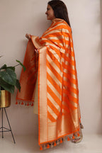 Elegant Orange Banarasi Silk Stripe Design Dupatta - Luxurion World- Crafted Heirlooms