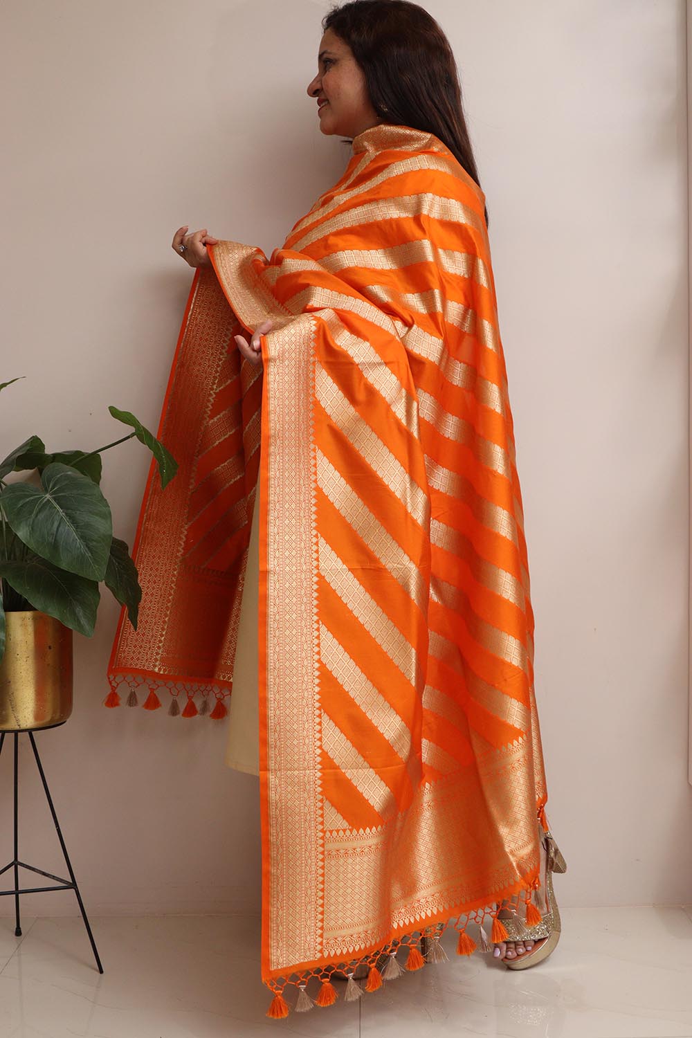 Elegant Orange Banarasi Silk Stripe Design Dupatta - Luxurion World- Crafted Heirlooms