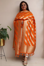Elegant Orange Banarasi Silk Stripe Design Dupatta - Luxurion World- Crafted Heirlooms