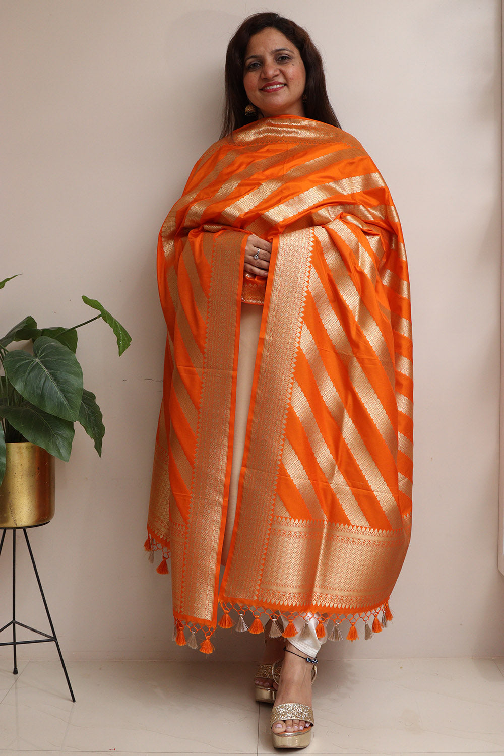 Elegant Orange Banarasi Silk Stripe Design Dupatta - Luxurion World- Crafted Heirlooms