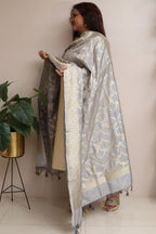 Elegant Grey Banarasi Silk Dupatta - Luxurion World- Crafted Heirlooms