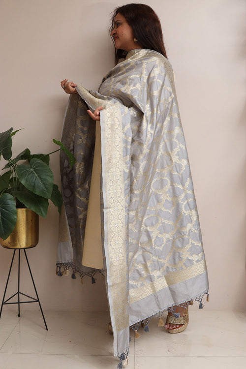 Elegant Grey Banarasi Silk Dupatta - Luxurion World- Crafted Heirlooms