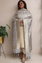 Elegant Grey Banarasi Silk Dupatta - Luxurion World- Crafted Heirlooms
