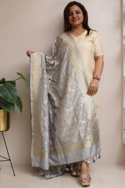 Elegant Grey Banarasi Silk Dupatta - Luxurion World