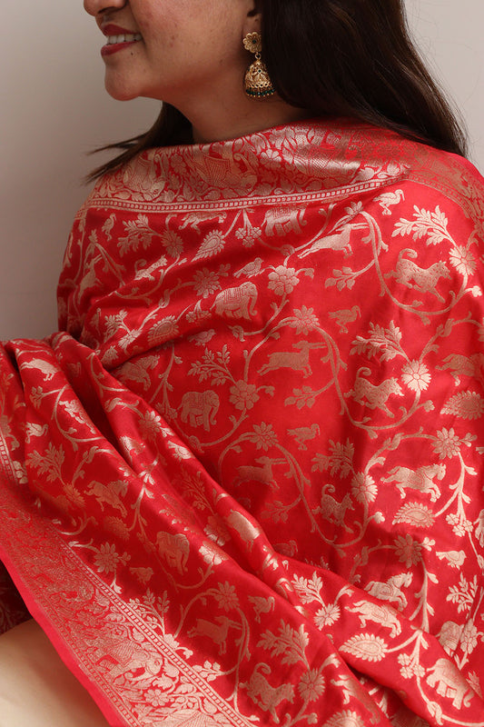 Stunning Red Banarasi Silk Shikargah Design Dupatta - Luxurion World