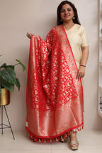 Stunning Red Banarasi Silk Shikargah Design Dupatta - Luxurion World