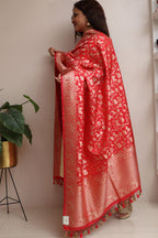 Stunning Red Banarasi Silk Shikargah Design Dupatta - Luxurion World