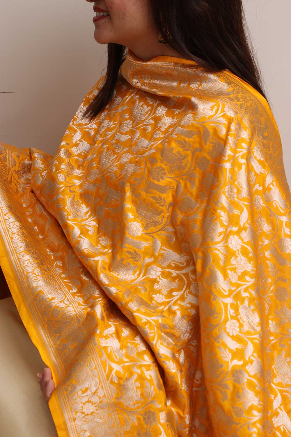 Yellow Banarasi Silk Shikargah Design Dupatta - Luxurion World