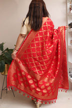 Elegant Red Banarasi Silk Dupatta - Luxurion World- Crafted Heirlooms