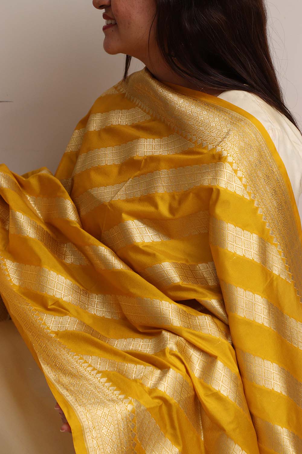 Golden Glow: Yellow Banarasi Silk Stripe Design Dupatta - Luxurion World- Crafted Heirlooms