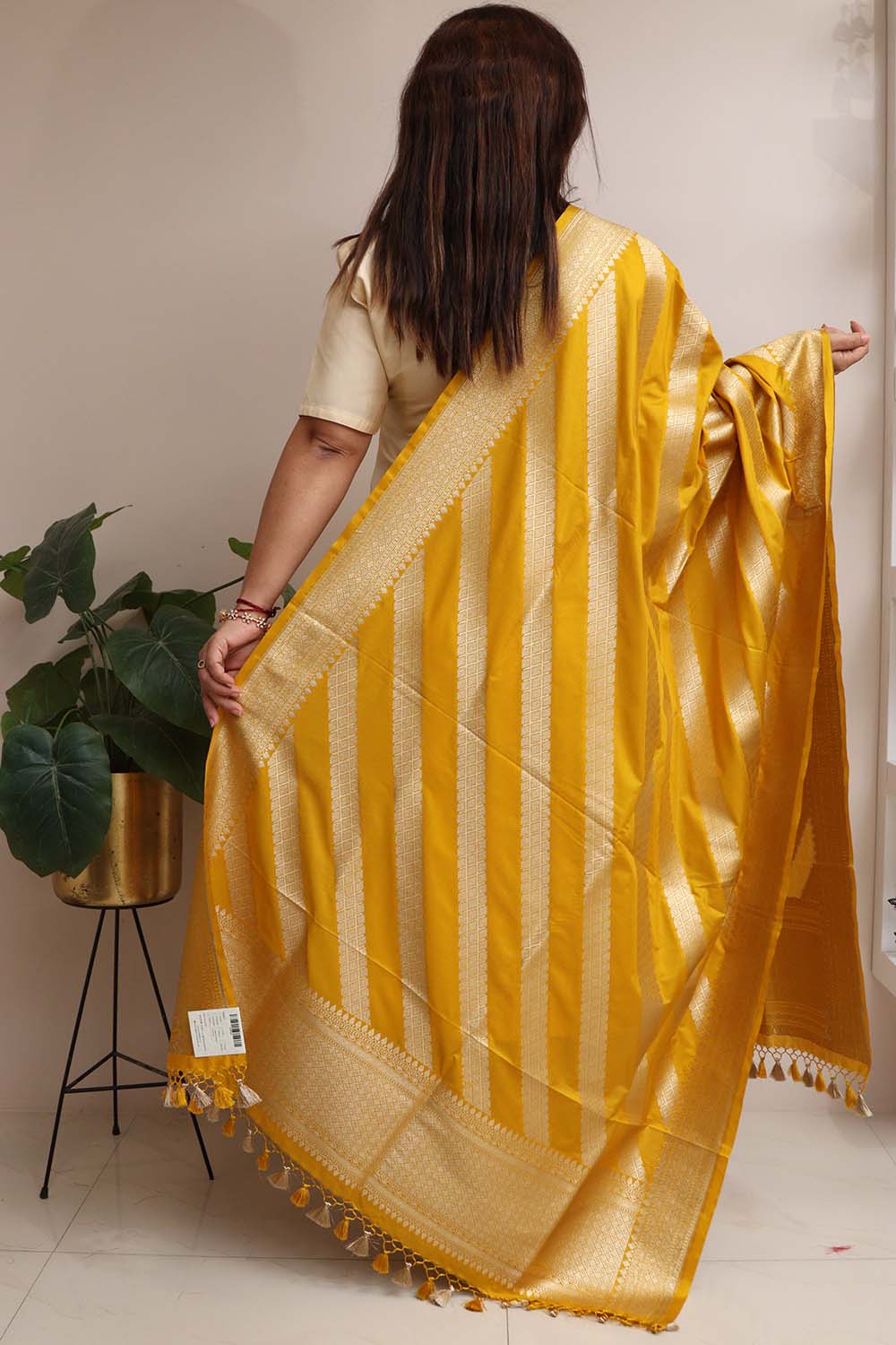 Golden Glow: Yellow Banarasi Silk Stripe Design Dupatta - Luxurion World